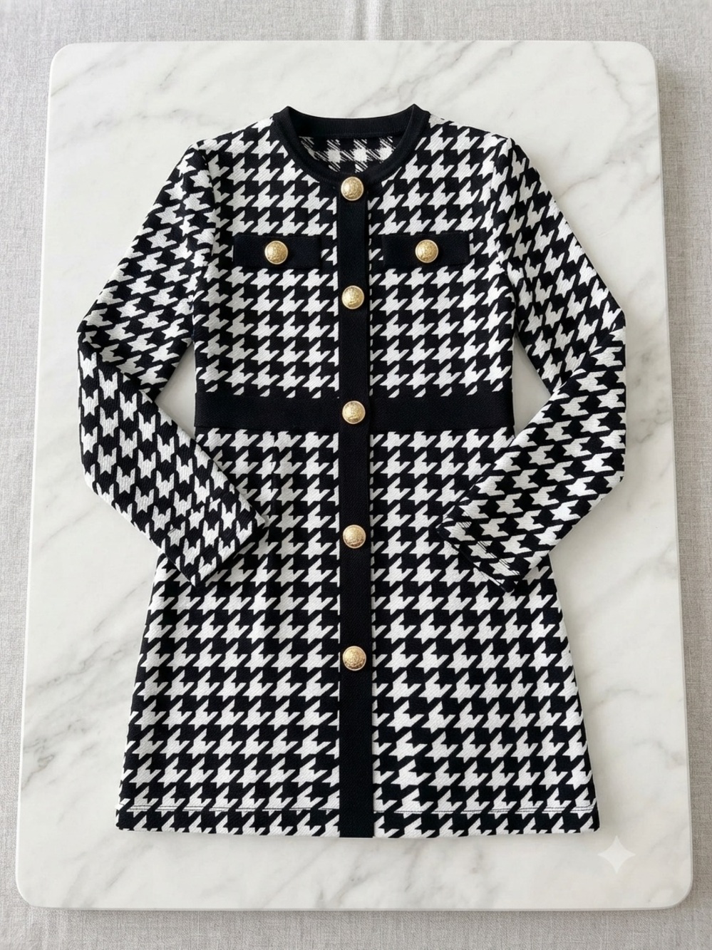 NWOT SHEIN Black and White Houndstooth Knit Dress with Gold Buttons